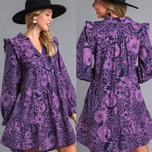Umgee Sz S Purple Floral Cotton Dress V Neck Collar Ruffled Long Sleeve Romantic - Picture 1 of 11